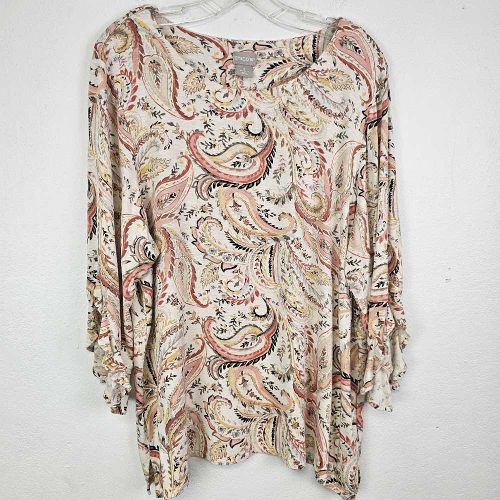 Chico's Knit Tunic Paisley Print 3/4 Ruffle Sleeve XL Whimsy  Casual Resortwear